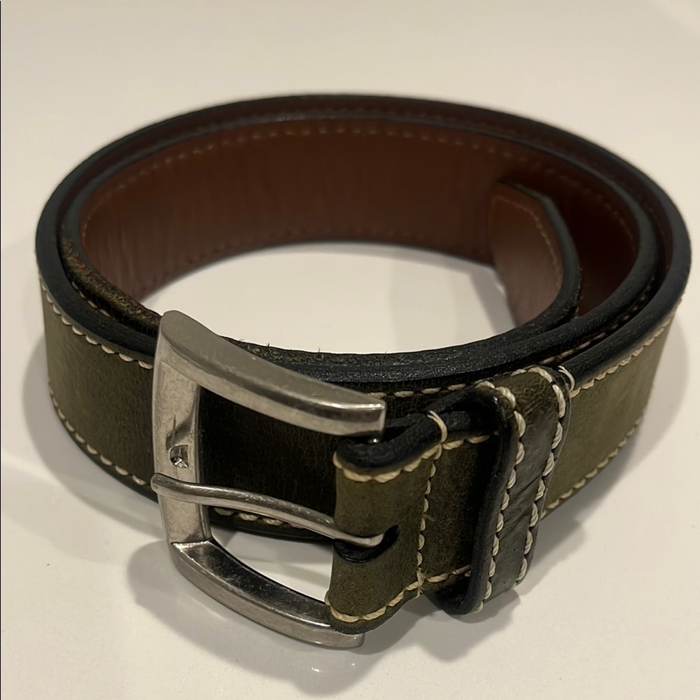 Allen Edmonds Green and Brown Leather Belt with Silver Buckle